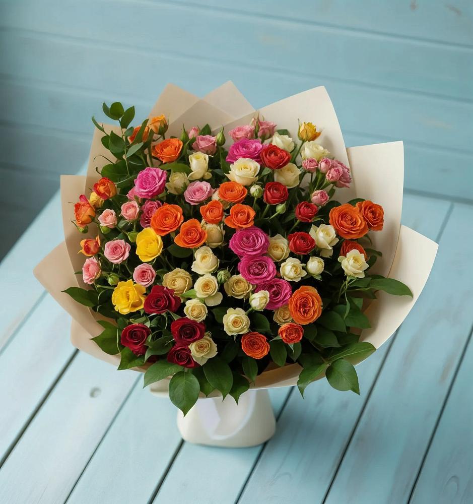 Букет Микс из разноцветных кустовых роз в Эльхотово